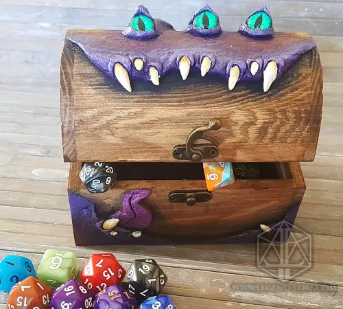 Mimic Boss - RPG Dice Box 2 Mimic Boss RPG dice box, a wooden chest with purple monster lid, green eyes and fangs, open with colourful dice