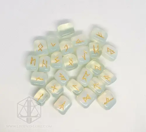 Moon Tears Divination Runes: set of translucent opalite stones engraved with gold Elder Futhark runes