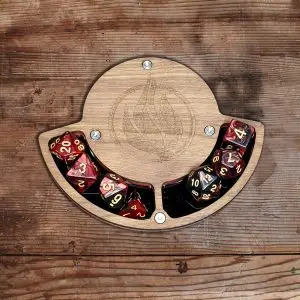 RPG ACCESSORIES - EN 6 Blazing Platform wooden dice coaster with engraved flame emblem holding seven red and black swirl dice in black slots