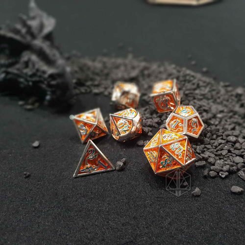 Dragon of Dawn polyhedral dice set metal dragon orange silver 1 DME061