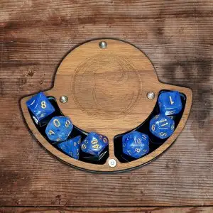 RPG ACCESSORIES - EN 7 Frozen Platform RPG dice coaster in engraved wood with black acrylic slots holding seven blue marbled dice with gold numbers
