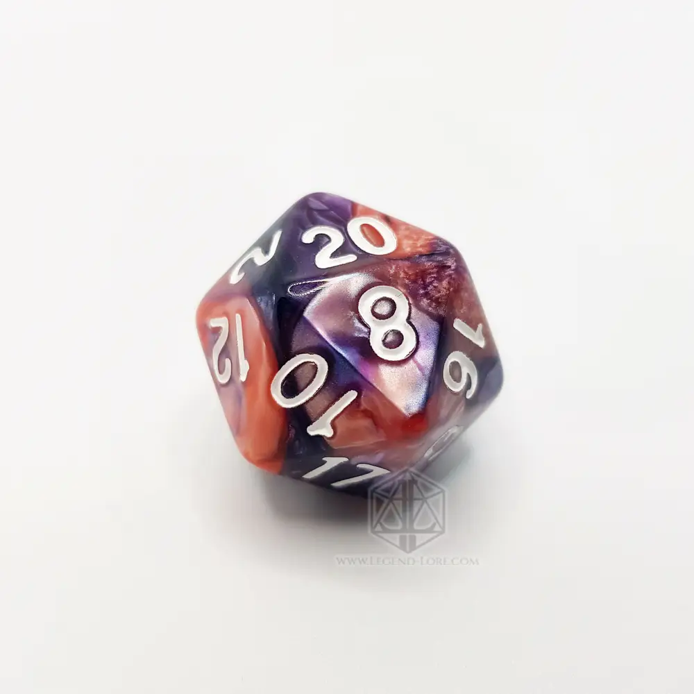 Cold Plasma D20 die with swirled purple, blue and coral pink marbled plastic and white numbers on a white background
