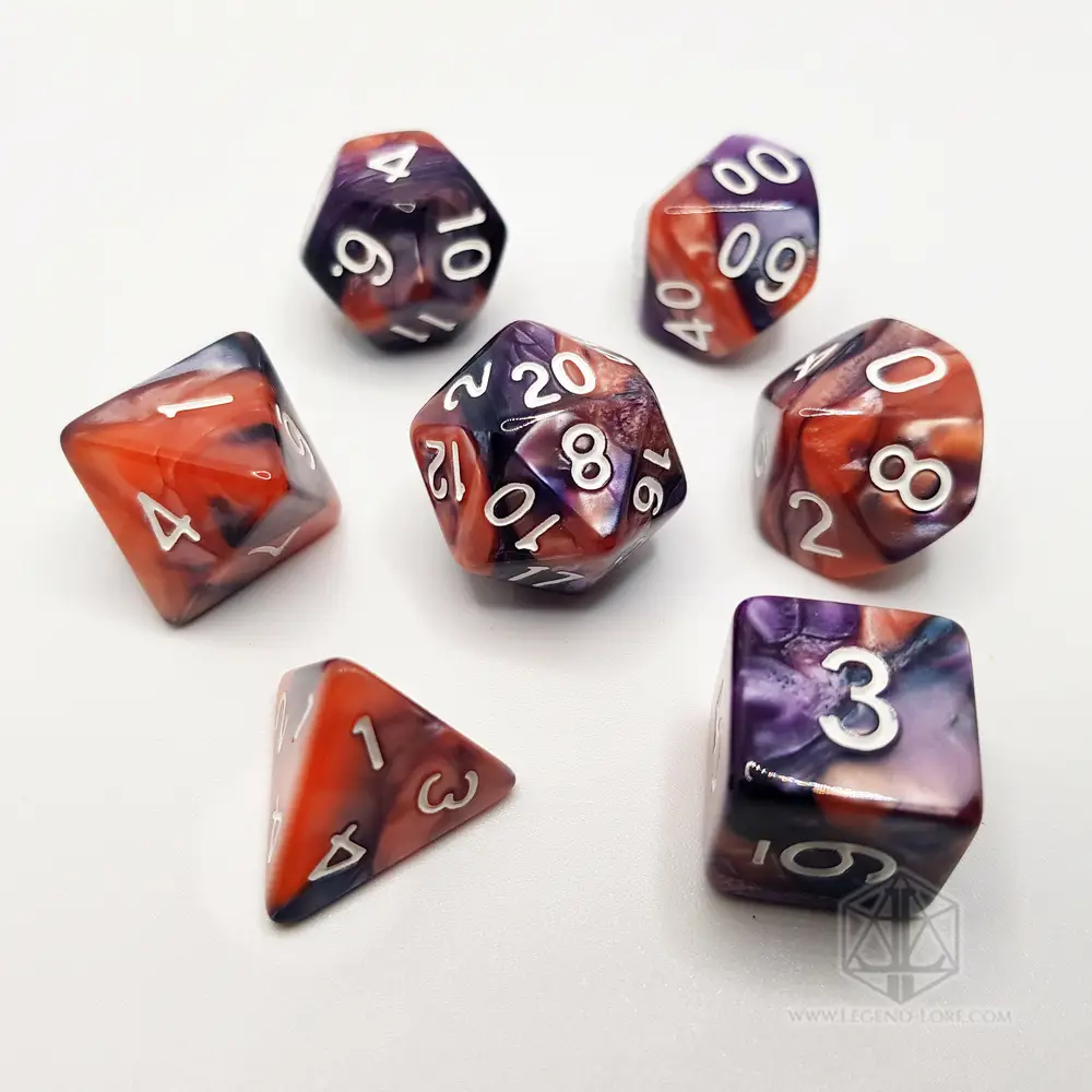 Cold Plasma set of seven polyhedral RPG dice in swirled orange, purple and dark blue with white numbers
