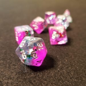 Pink Star resin polyhedral rpg dice set inclusions stars 1 DPL115