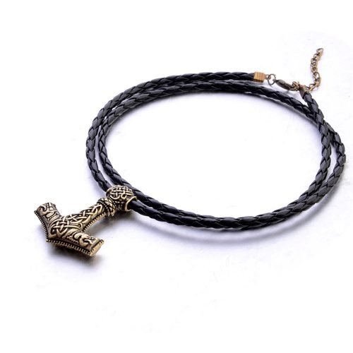 Force Necklage gold metal pendant pu leather Thor hammer Mjolnir viking celtic fashion PB GIO022 1