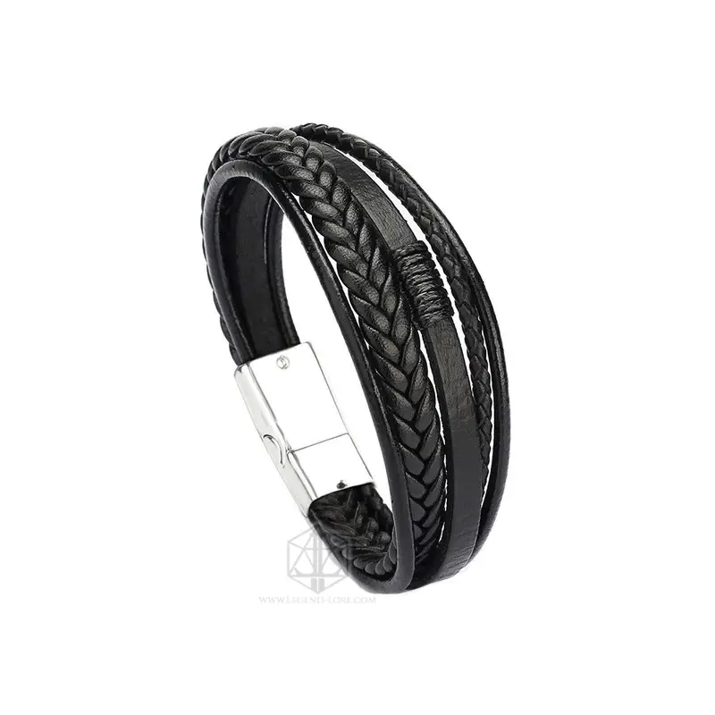 Night Pathfinder - Viking Leather Bracelet 4 Night Pathfinder Viking bracelet with layered black braided and smooth leather straps and a silver magnetic clasp