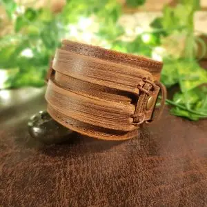Ancient Oath Viking Leather Bracelet, wide brown distressed leather cuff with laced strap and brass snap button