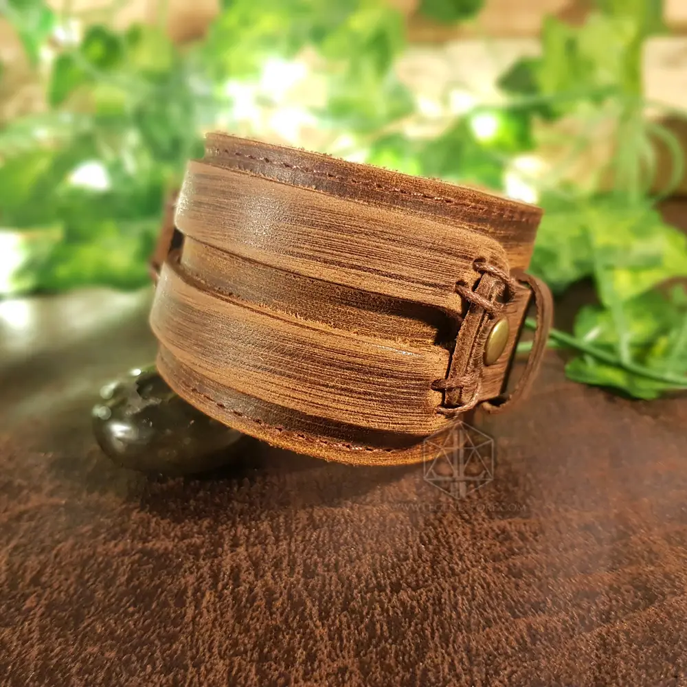 Ancient Oath Viking Leather Bracelet, wide brown distressed leather cuff with laced strap and brass snap button