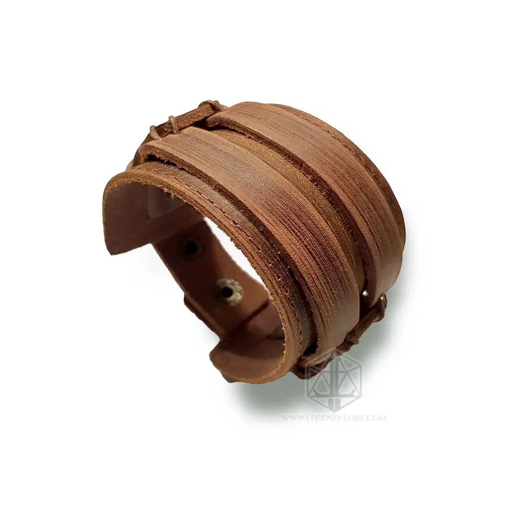 Ancient Oath Viking Leather Bracelet, wide brown distressed leather cuff with layered straps and metal snap fasteners