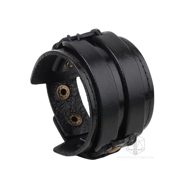 Bracciale vichingo Dark Oath, polsino largo in pelle nera con due fasce cucite, lacci e bottoni a pressione in bronzo