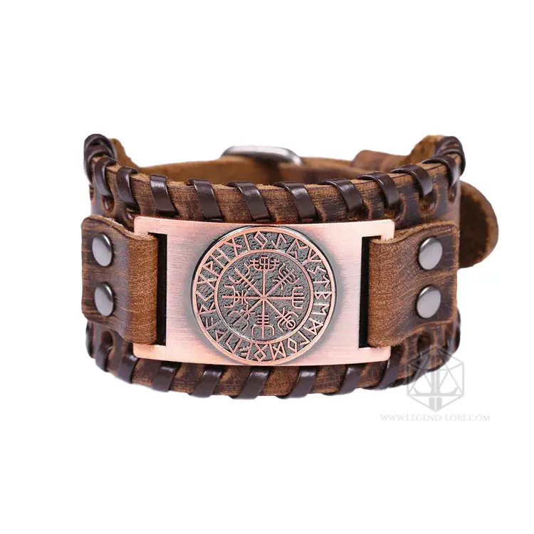 Bracciale vichingo Ancient Vegvisir in pelle marrone con bordi intrecciati e placca color rame con la bussola runica