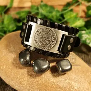 Black Vegvisir Viking Leather Bracelet, braided black PU leather with silver metal runic compass plate, beside hematite stones