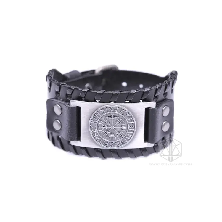 Vegvisir Nero 3 Bracciale vichingo Black Vegvisir in pelle PU nera con bordi intrecciati e placca argentata con bussola runica