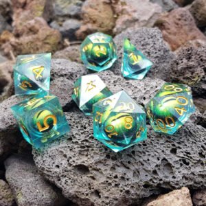 Legend-Lore.com - The Best RPG Dice sets of the Realm - DICE ALL 2 Dragon Green Eye of Vision - Sharp Resin Liquid Core Dice Set