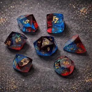 Set di dadi Spellcut in resina taglio diamante: sette dadi poliedrici trasparenti blu e rossi con numeri gotici dorati