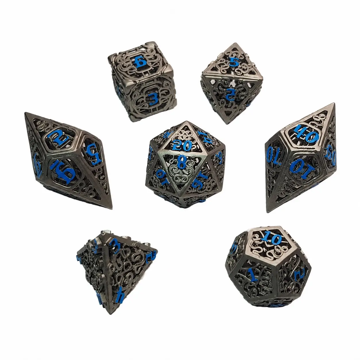 Abyssal Coil hollow metal dice set: seven gunmetal silver dice with carved swirl filigree and blue numbers on white