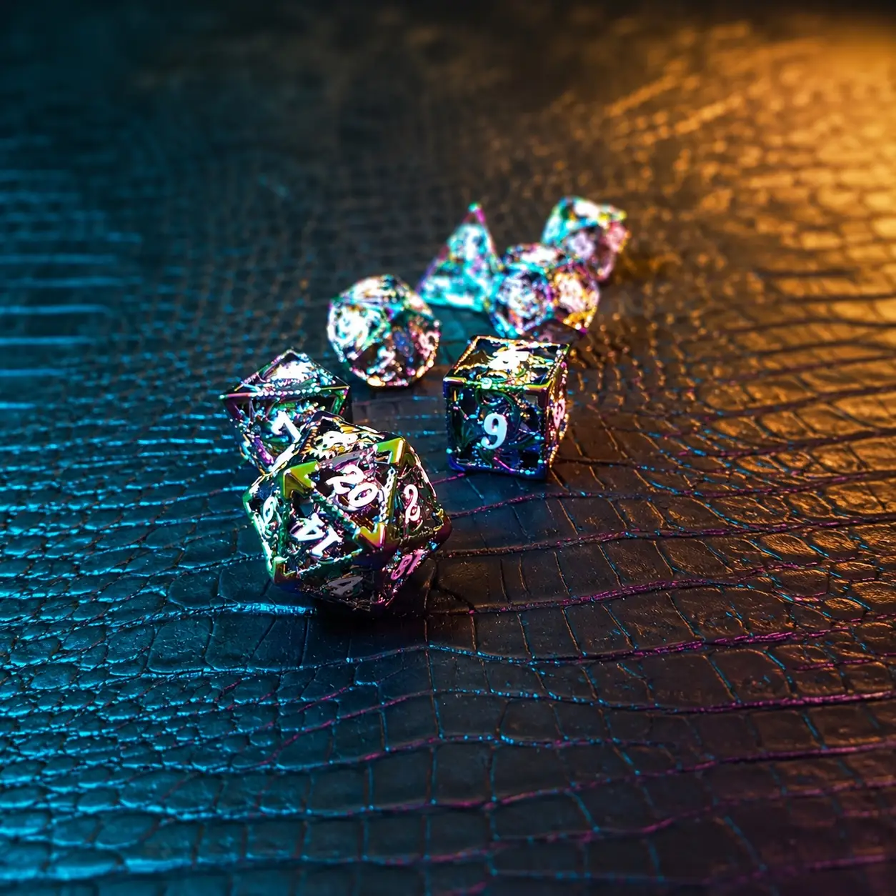 Chromatic Wyrm – Set di Dadi in Metallo Cavo 1 Set di dadi Chromatic Wyrm in metallo cavo, sette dadi intagliati iridescenti con numeri bianchi su pelle effetto rettile