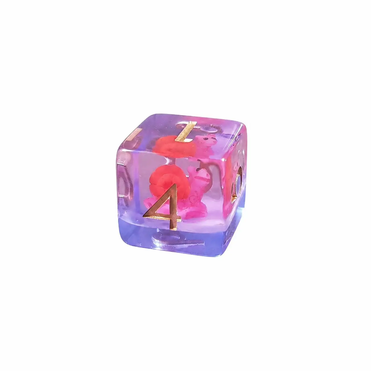 Escargo-go-go! – Set di Dadi in Resina con Miniature 4 Dado D6 Escargo-go-go! in resina trasparente viola e rosa con minuscole lumache rosse all'interno e numeri dorati
