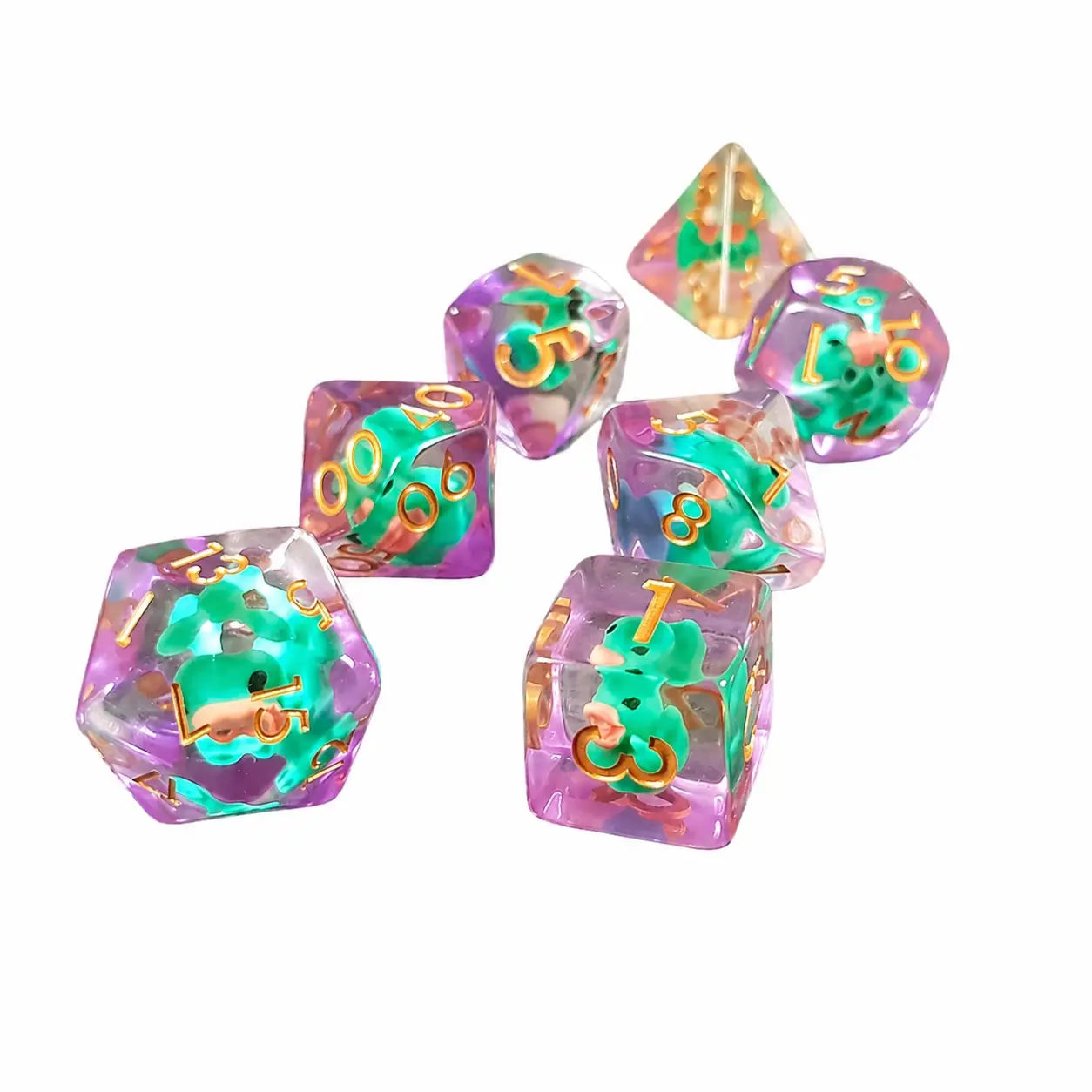 PERRY the Duck resin dice set: seven clear and purple polyhedral dice with teal duck inclusions and gold numbers