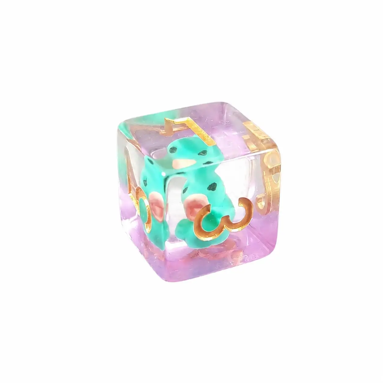 Single D6 from the PERRY the Duck resin dice set, clear and lilac with a teal duck inclusion and gold numbers