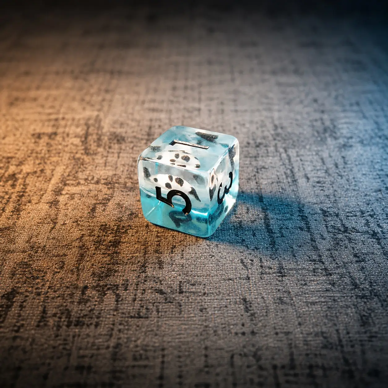 Pearly Spirit of the Lotus Pond – Miniatures Resin Dice Set 4 Pearly Spirit of the Lotus Pond D6, clear and light blue resin with white spotted inclusions and black numbers, on grey fabric