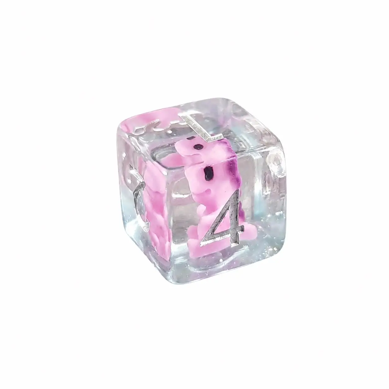 The Pink Menace – Set di Dadi in Resina con Miniature 3 D6 in resina trasparente del set The Pink Menace con una creaturina rosa all'interno e numeri argentati