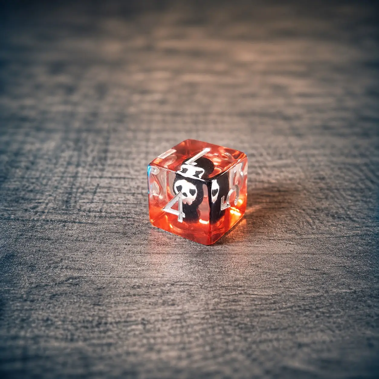 Tiny Reaper – Miniatures Resin Dice Set 4 Tiny Reaper D6 die in clear red resin with a tiny black hooded reaper inclusion and white numbers on a grey wooden surface