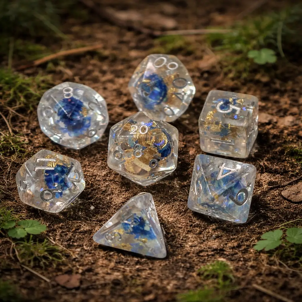 Frostbloom Petals – Set di Dadi in Resina con Miniature 1 Set Frostbloom Petals di sette dadi in resina trasparente con petali blu, foglia d'oro e numeri argento su terra di bosco