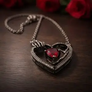 Collana Keeper's Heart: ciondolo a cuore argentato con mani scheletriche che stringono una gemma rossa a cuore, con catenina