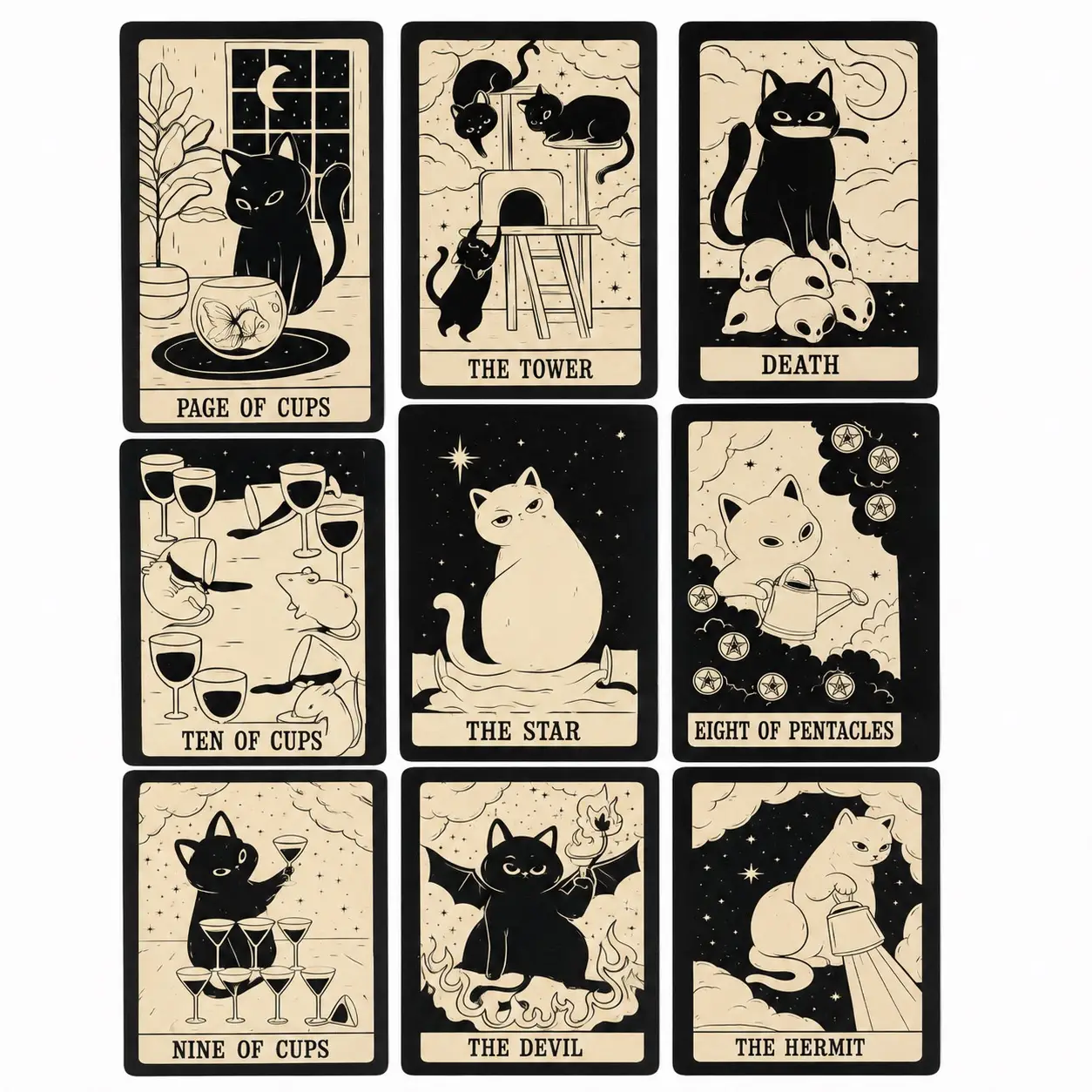 Nove carte Kitten Tarot in griglia con gatti illustrati in nero e crema, tra cui La Torre, La Morte, La Stella e Il Diavolo