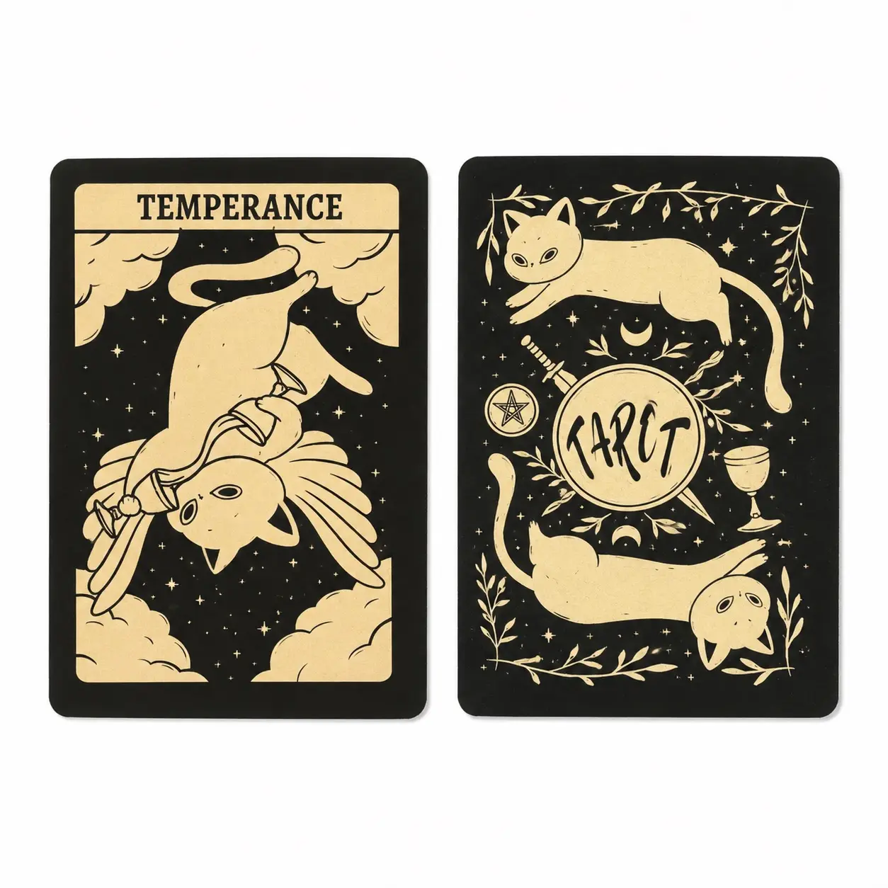 Carte Kitten Tarot: la Temperanza con gatto alato e coppe e il retro con due gatti e scritta TAROT, in nero e crema