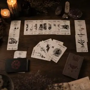 Mazzo Occult Tarot su tavolo di legno scuro, carte color crema con demoni, dorsi neri con sigillo rosso, scatola, candele e cristalli