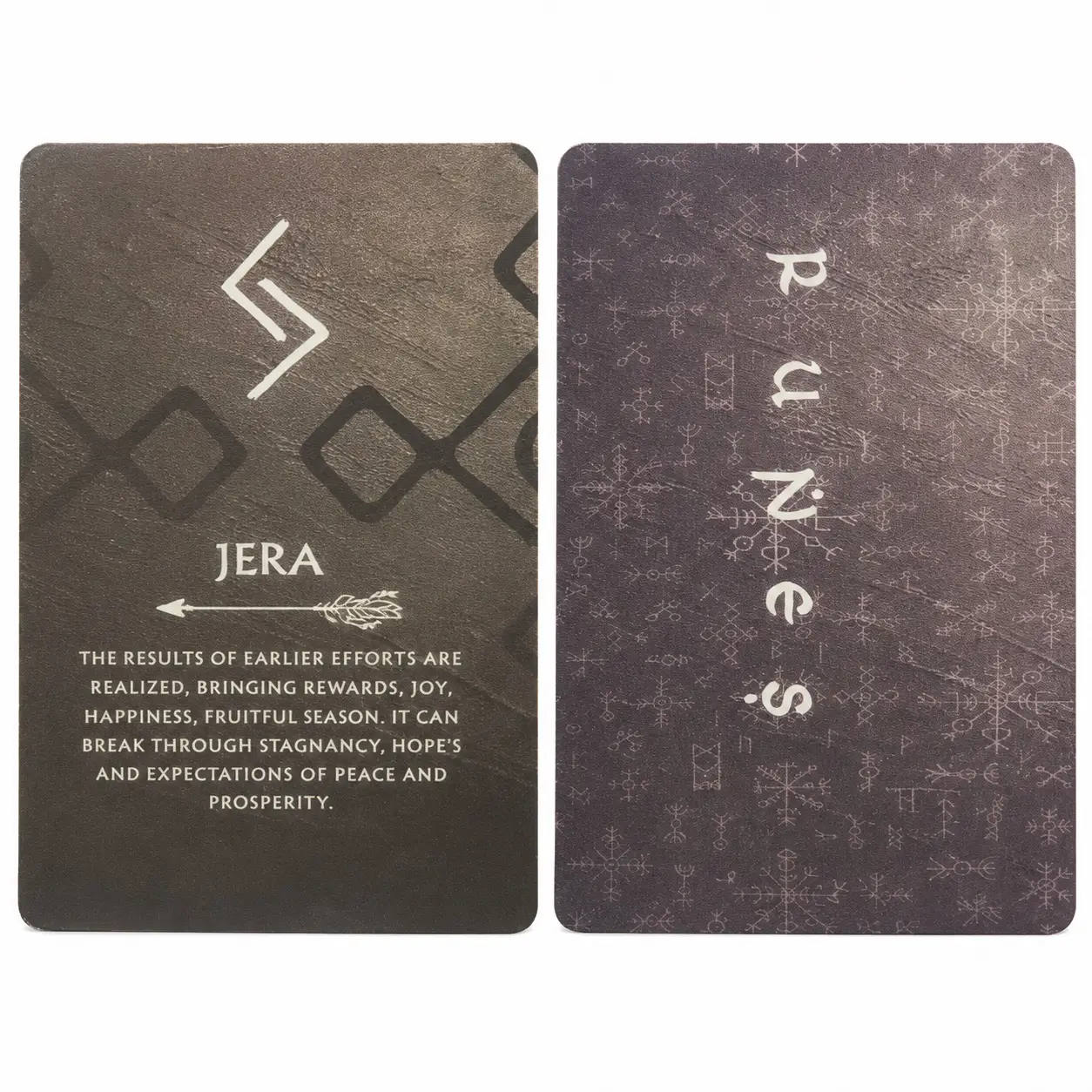 Carte del Runes Oracle Deck: fronte della runa Jera con significato e freccia, e retro scuro con la scritta Runes e simboli