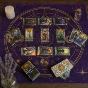Stained Glass Tarot cards spread on a purple astrological cloth with box, deck, candle, cork bottle and lavender