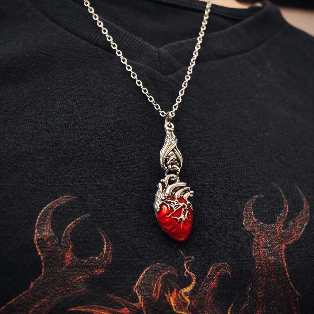 Collana The Living Heart: ciondolo a cuore anatomico argentato con smalto rosso e gancio a pipistrello, indossato su maglia nera