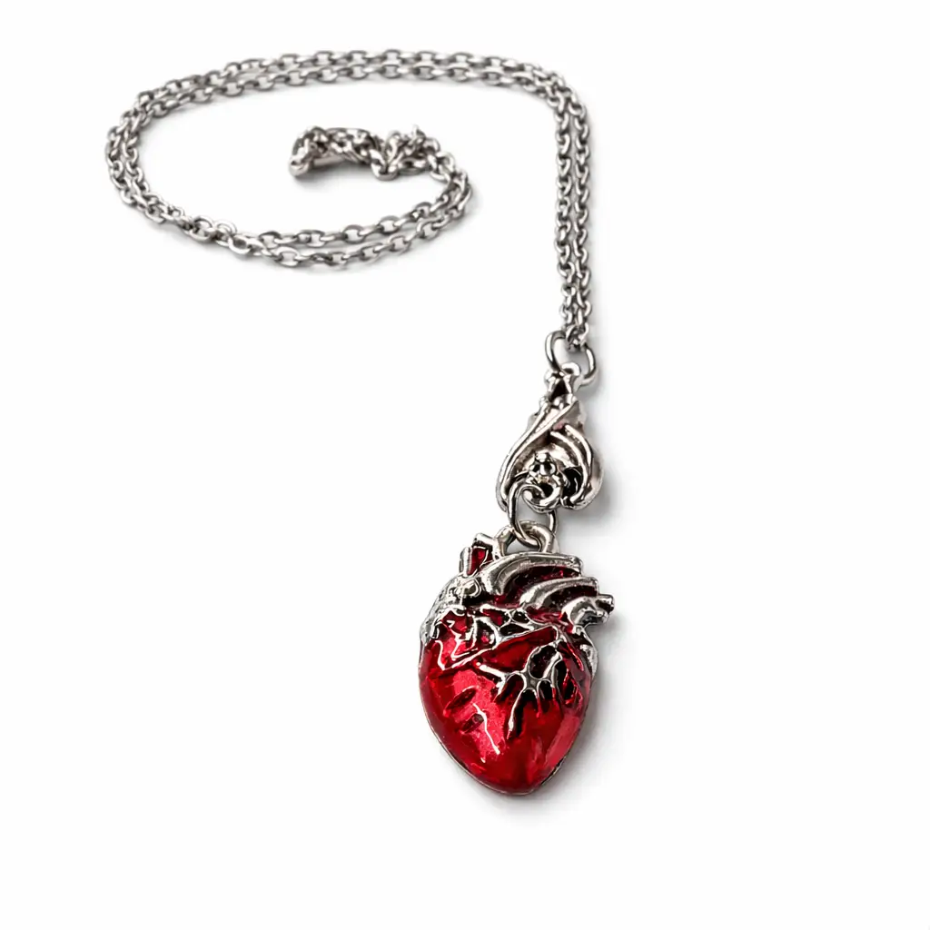 Collana The Living Heart: ciondolo a cuore anatomico smaltato rosso con vene argentate su catena in metallo argento