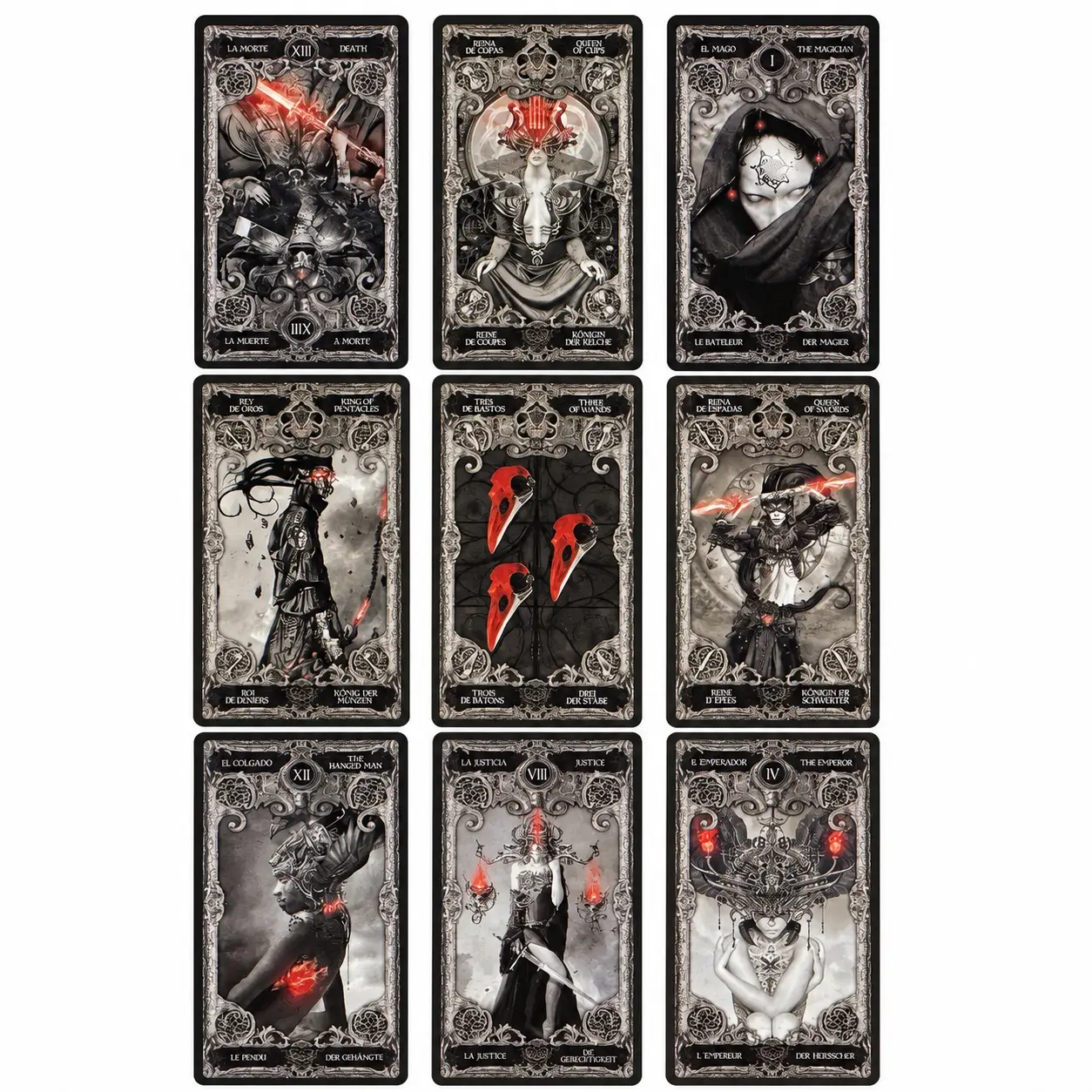 XIII Tarot deck: nine gothic black and white cards with red accents, incl. Death, The Magician and Queen of Cups