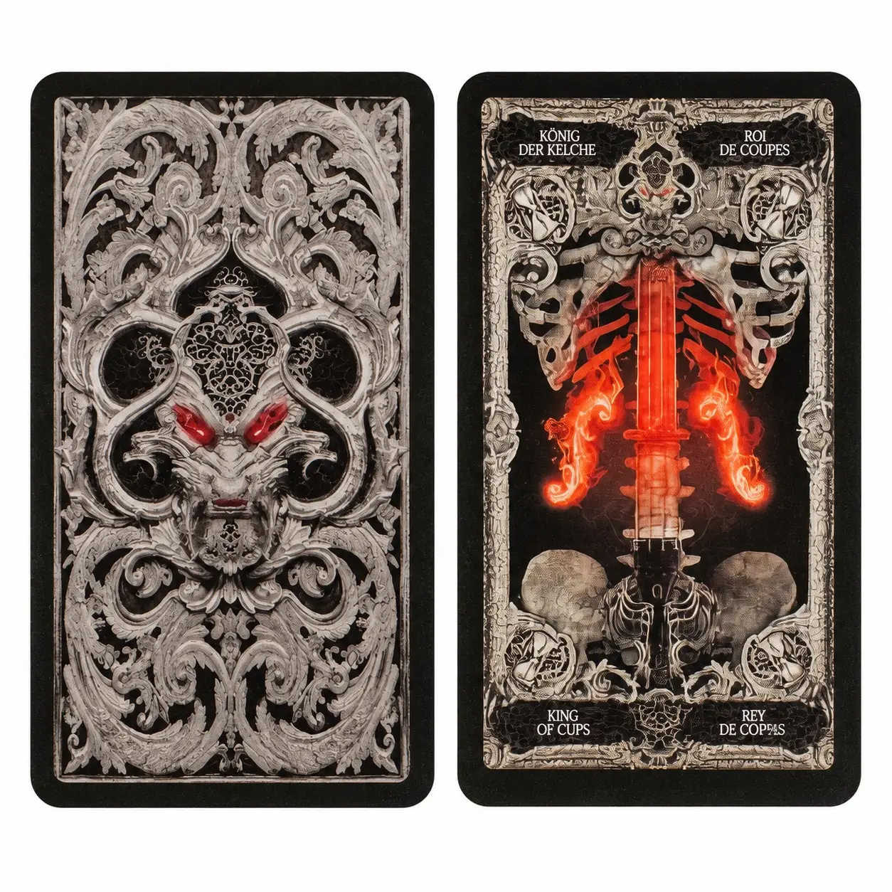 XIII Tarot cards: ornate silver card back with red-eyed demon face and King of Cups with skeleton and glowing red sword