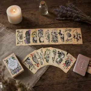 Antique Anatomy tarot deck with box, cards showing skulls, skeletons, hearts and flowers on aged paper, laid on dark wood