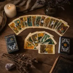 Carte Solar Kingdom Tarot a ventaglio su tavolo di legno con scatola nera con cigni e sole, mazzo, candela e lavanda secca
