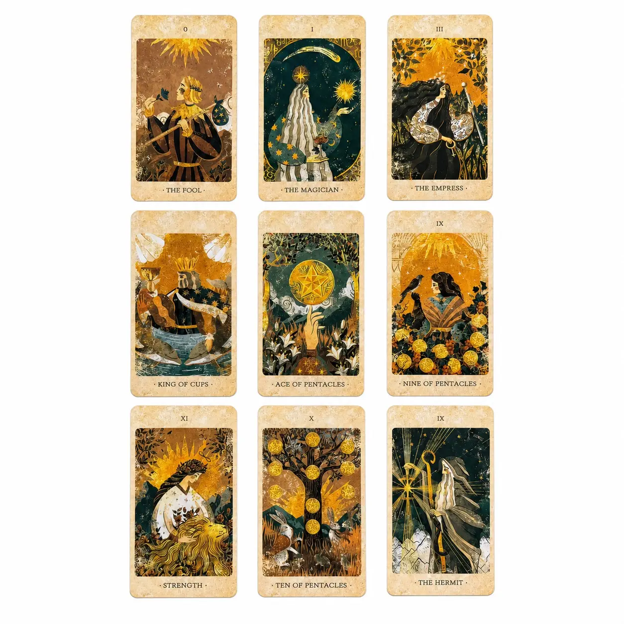 Nove carte dei Solar Kingdom Tarot in griglia, tra cui Il Matto, Il Mago e La Forza, con illustrazioni oro, nere e verde